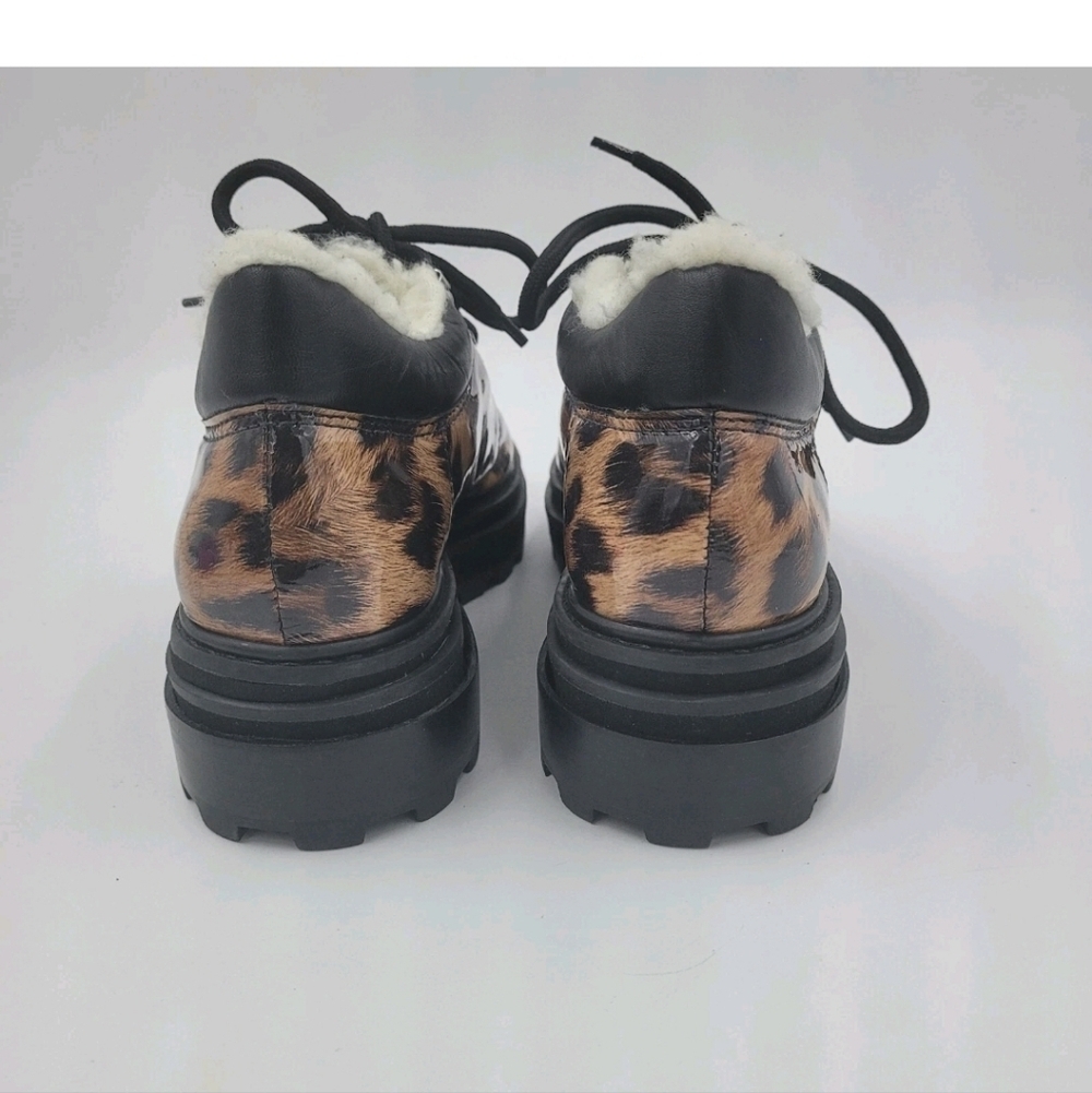 Schutz Lucille Leopard Patent Faux Shearling Ankle Boots 7B Lug Sole Block Heel - Picture 2 of 11